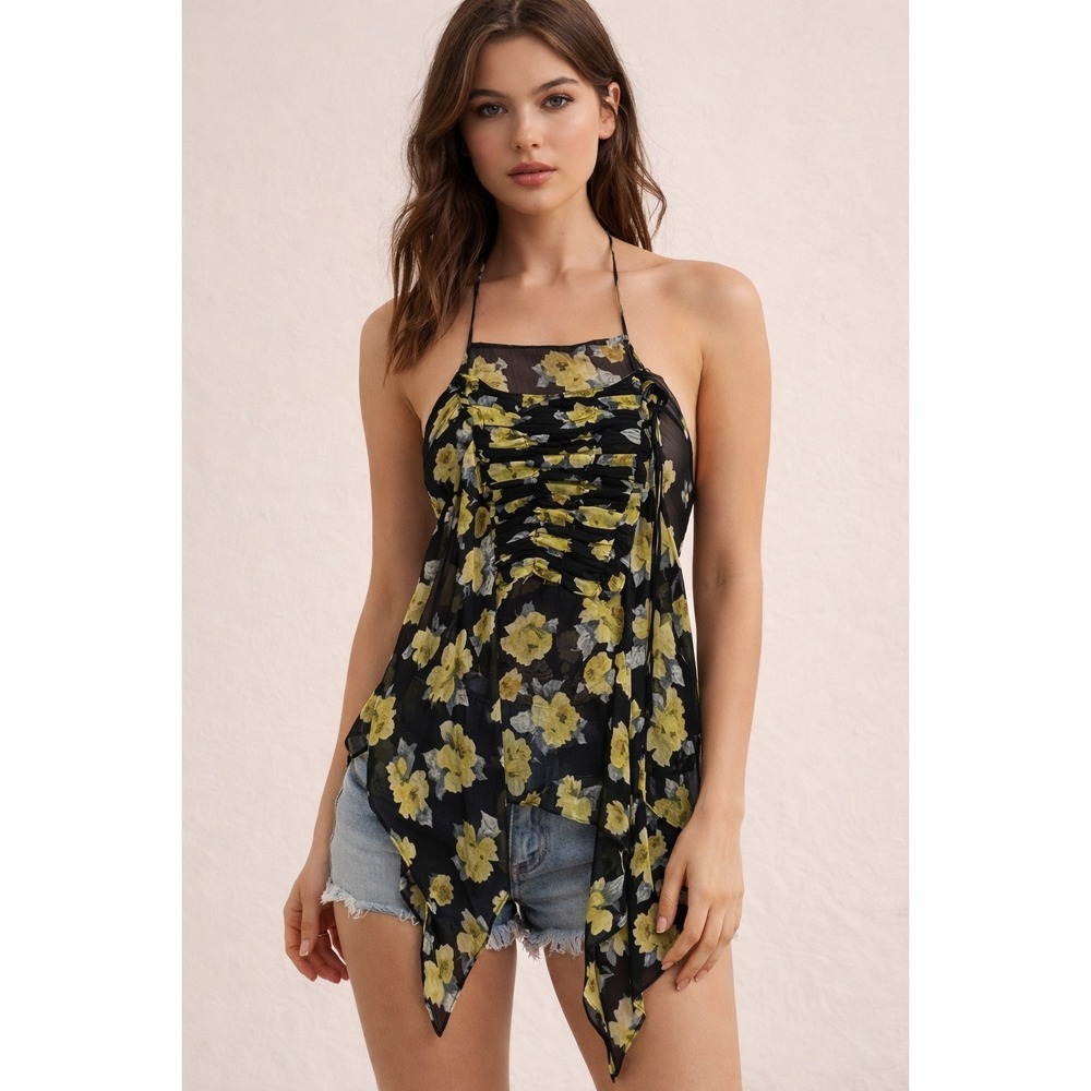 Sheer Floral Asymmetrical‎ Handkerchief Hem Camisole Top XS Boho Y2K Fairycore